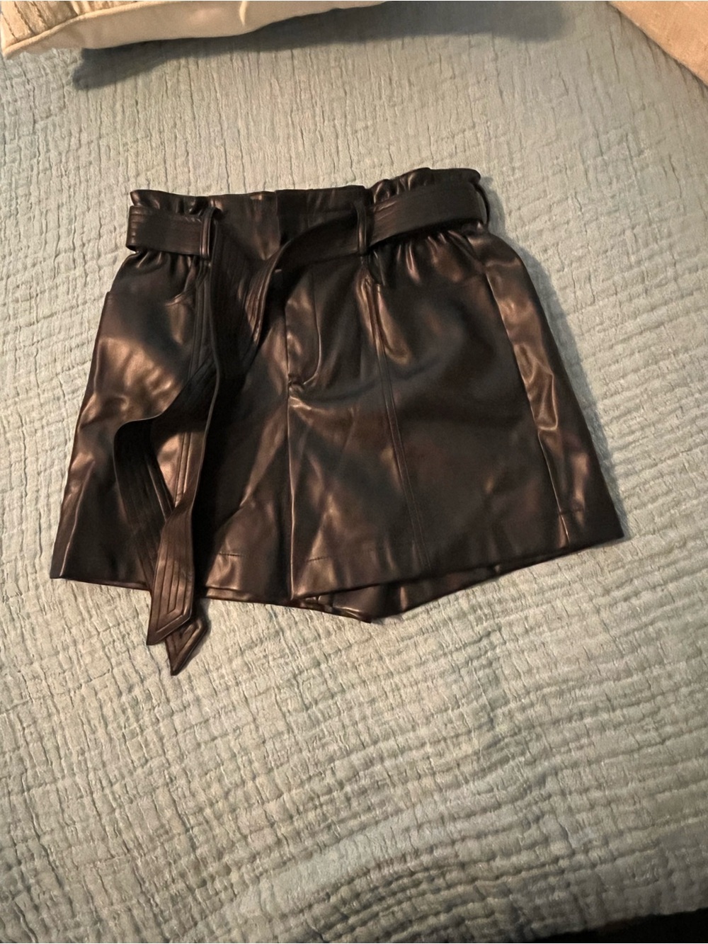 Current Air Black Faux Leather A-Line shorts with Tie Belt S